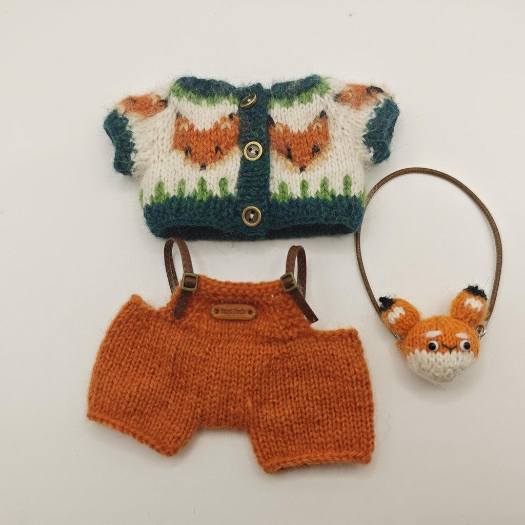 Hand Knit Fox Labubu Outfit: Woodland Sweater & Overalls Set