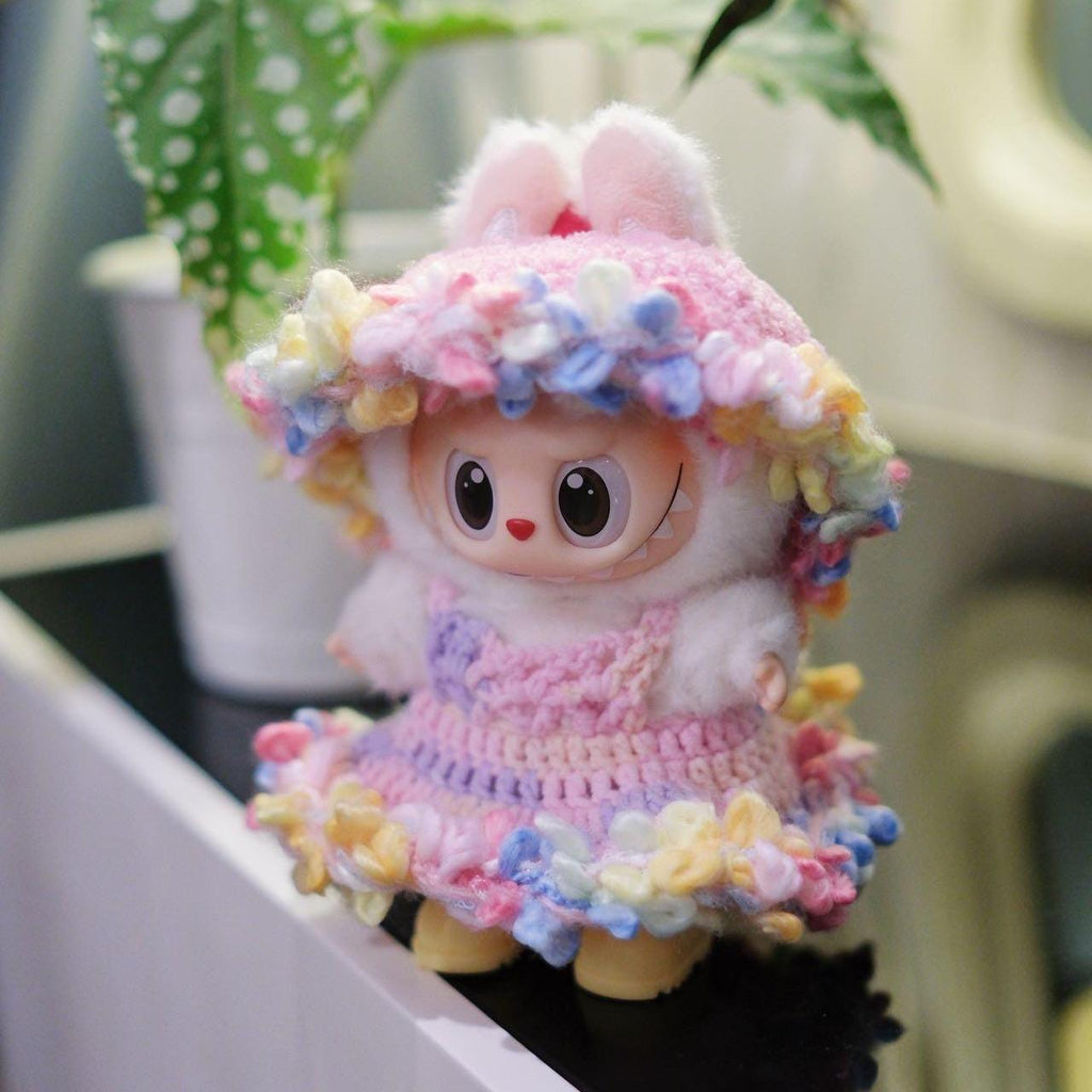Crochet Rainbow Floral Labubu Clothes: Handmade 15/17cm Doll Dress & Hat Set