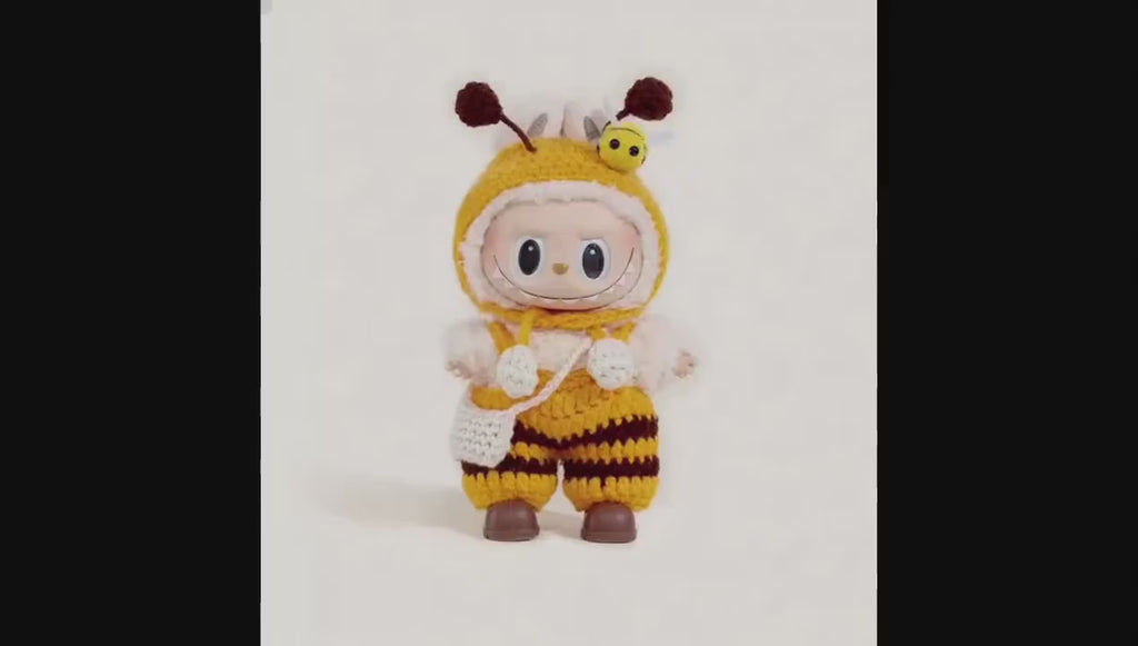 Hand-Crocheted Bumblebee Labubu Clothes: Overalls, Bonnet, Shoes & Pouch