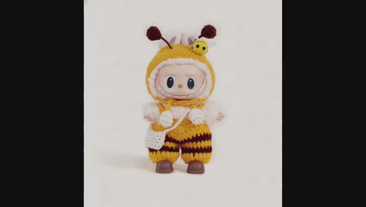 Hand-Crocheted Bumblebee Labubu Clothes: Overalls, Bonnet, Shoes & Pouch